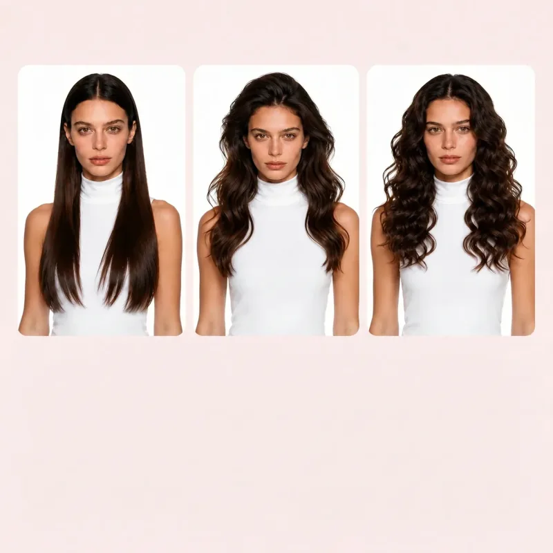 Três looks com o GOKOCO: liso alinhado, ondas soltas e cachos definidos