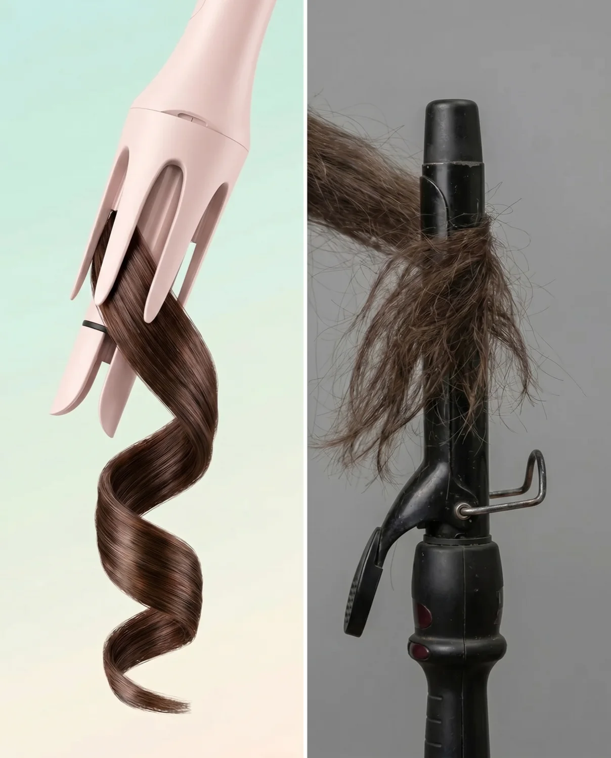 O modelador GOKOCO faz cachos definidos e com brilho, enquanto a ferramenta comum deixa o cabelo ressecado e com frizz